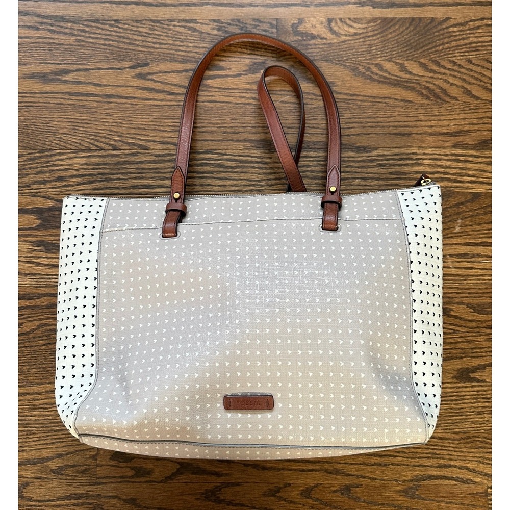 Fossil Rachel Women's Tote Bag Large Tan Heart Canvas Leather Shoulder Purse
